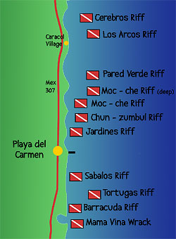 Yucatan - Tauchplatzkarte von Playa del Carmen